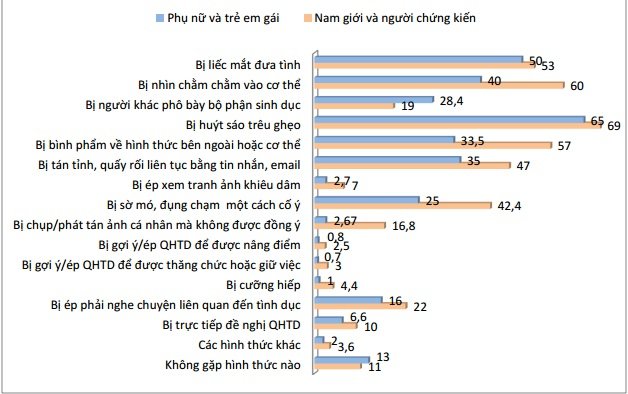 C&aacute;c h&igrave;nh thức quấy rối t&igrave;nh dục đối với phụ nữ v&agrave; trẻ em g&aacute;i ở nơi c&ocirc;ng cộng tại c&aacute;c v&ugrave;ng đ&ocirc;&nbsp; thị (%) -&nbsp;Nguồn: Khảo s&aacute;t đường phố &ldquo;Th&agrave;nh phố an to&agrave;n cho phụ nữ v&agrave; trẻ em g&aacute;i: T&iacute;nh khả thi?&rdquo; - 2014