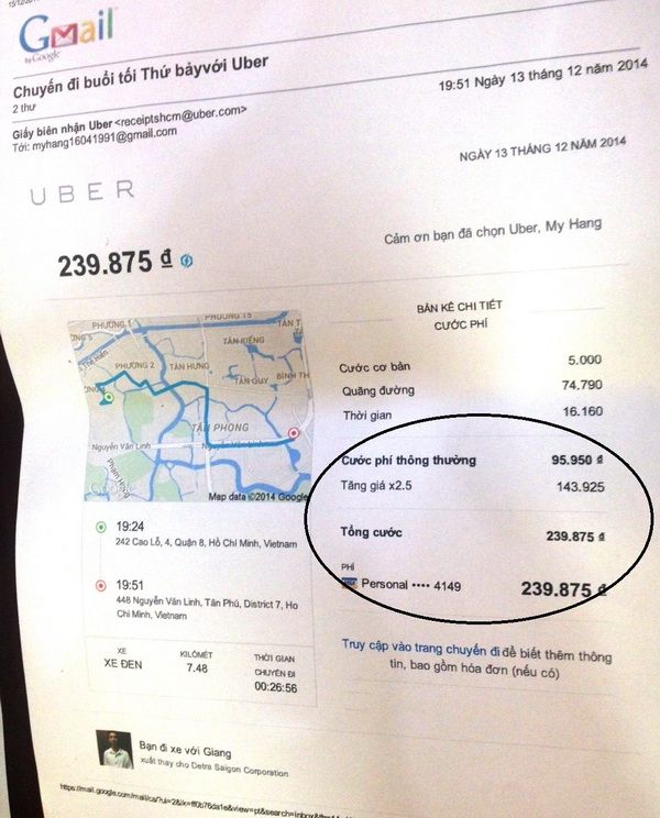 H&oacute;a đơn thanh to&aacute;n cho thấy Uber tăng gi&aacute; gấp 2,6 lần.