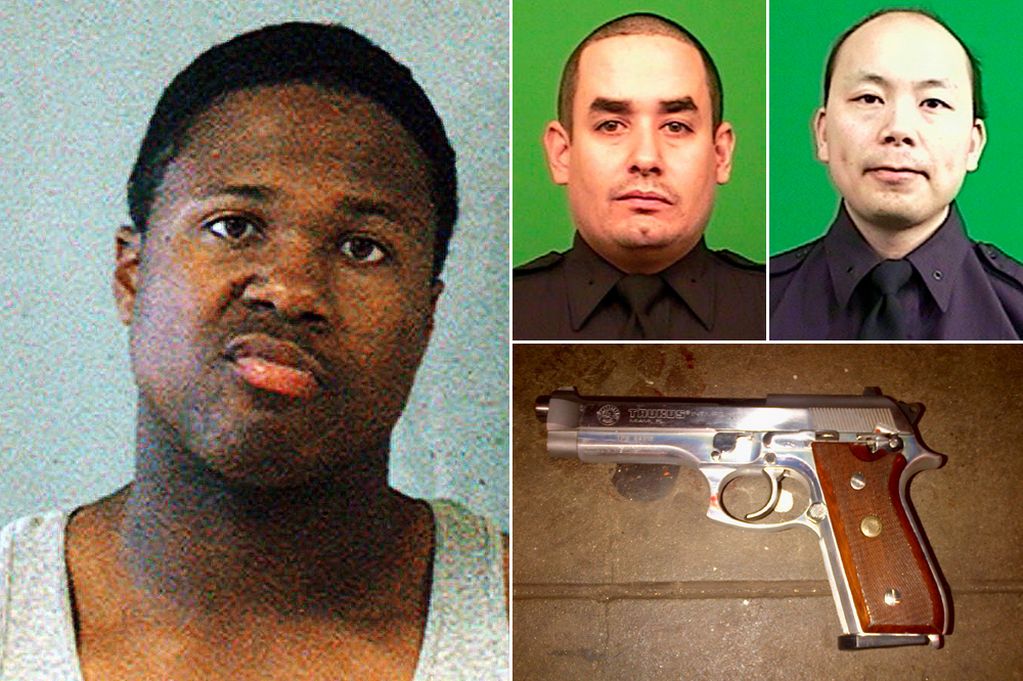 nghi phạm Ismaaiyl Brinsley, 28 tuổi, kẻ bắn chết 2 sĩ quan Wenjian Liu (phải) v&agrave; Rafael Ramos (tr&aacute;i) c&ugrave;ng tang vật. Ảnh: Mirror