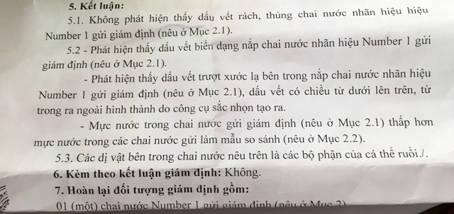 Kết luận của Viện Khoa học h&igrave;nh sự về chai nước Nmber one c&oacute; ruồi