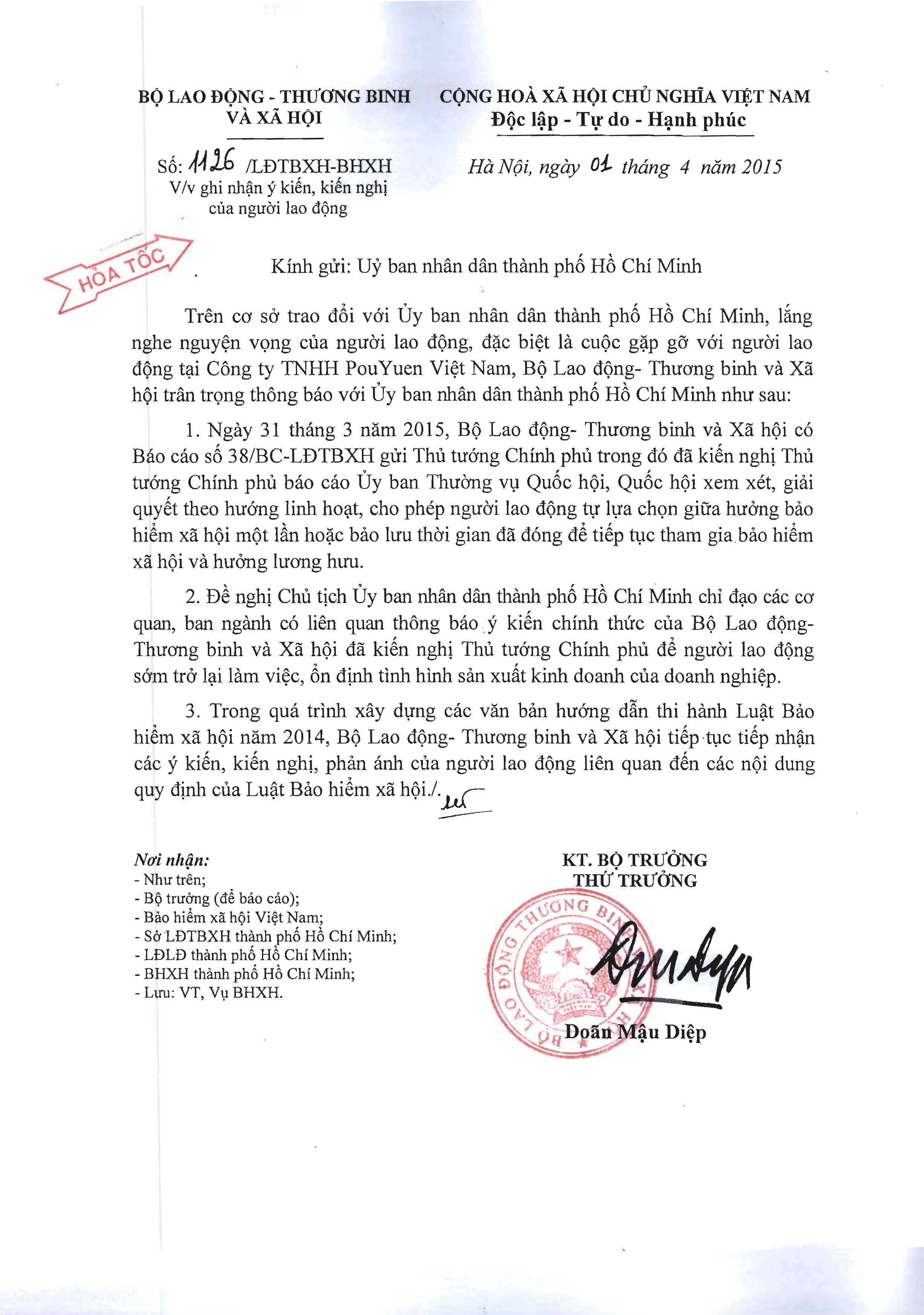 C&ocirc;ng văn c&ugrave;a Bộ LĐ-TB-XH gởi UBND TP

Ảnh: KH&Aacute;NH AN