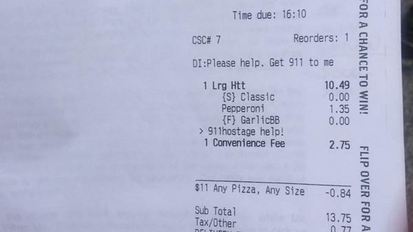 Đơn đặt hàng pizza của Cheryl Treadway. Ảnh: WFLA News Channel 8