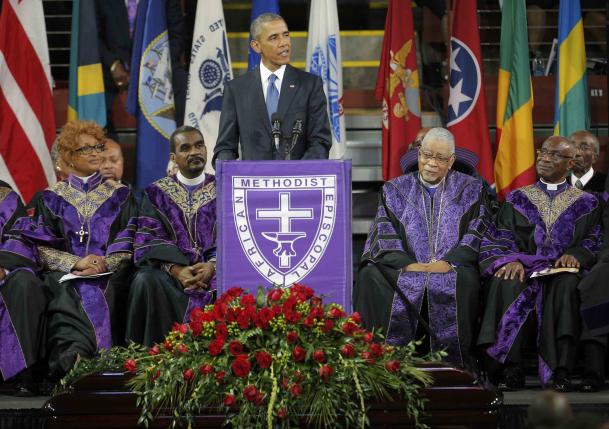 TT Obama phát biểu tại đám tang hôm 26-6. Ảnh: Reuters