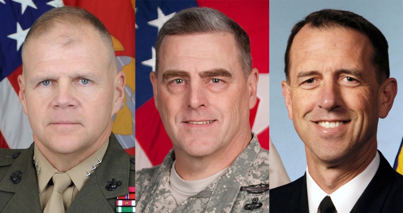 Từ trái qua: tướng Robert Neller, Mark Milley và John Richardson. Ảnh: STARS AND STRIPES