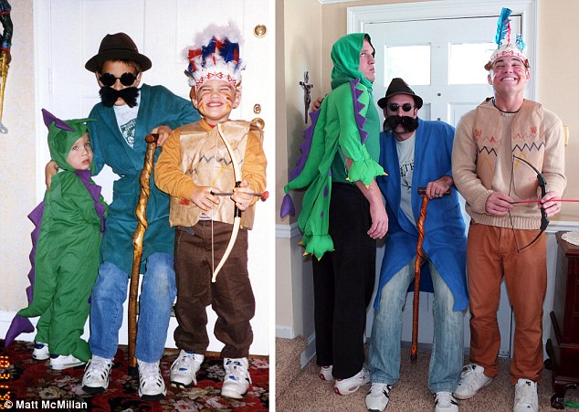 Party time: Although a properly-sized dinosaur costume was seemingly not available, the boys managed to mostly recreate their costumes here