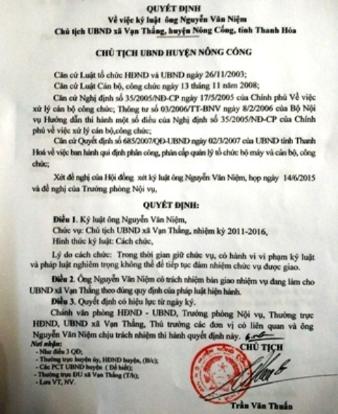 Quyết định c&aacute;ch chức &ocirc;ng Nguyễn Văn Niệm, Chủ tịch UBND x&atilde; Vạn Thắng - N&ocirc;ng Cống (Thanh H&oacute;a)