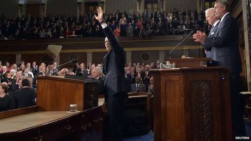 U.S. President Barack Obama (L) acknowledges appalause as he delivers his State of the Union address to a joint session of Congress, as Vice President Joe Biden (2ndR) and House Speaker John Boehner (R-OH) applaud on Capitol Hill in Washington, January 20, 2015.