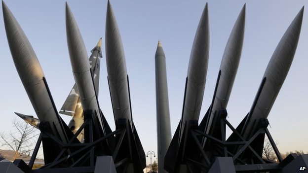 In this Dec. 26, 2014 file photo, a North Koreas mock Scud-B missile, centre, stands among South Korean missiles displayed at Korea War Memorial Museum in Seoul, South Korea