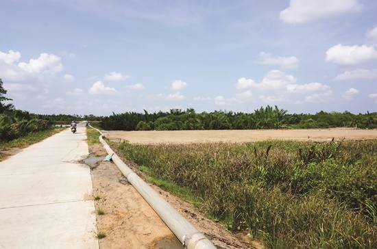 Đường ống dẫn c&aacute;t san lấp mặt bằng ở một trong những đường xương c&aacute;, gần đường lớn Long Thới-Nhơn Đức. Ở khu vực n&agrave;y, c&oacute; nhiều mảnh đất đang san lấp như thế n&agrave;y v&agrave; từng mảnh c&oacute; diện t&iacute;ch lớn, tr&ecirc;n 1.000 m&sup2;.   Ảnh: Minh Duy