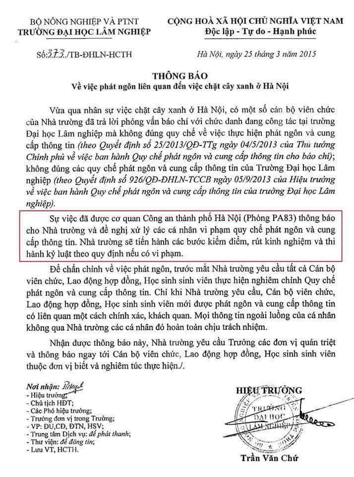 Công văn của trường ĐH Lâm Nghiệp lan truyền trên mạng