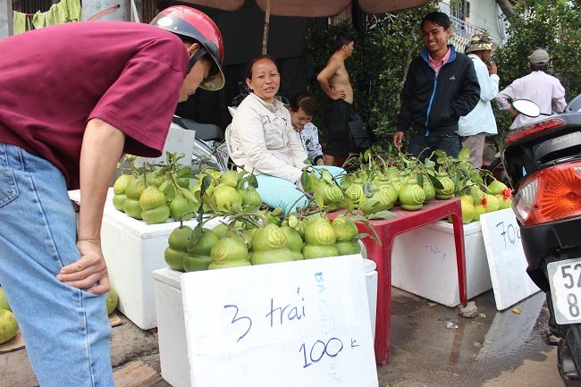 Mới h&ocirc;m qua những quả bưởi hồ l&ocirc; c&oacute; chữ nổi được b&aacute;n với gi&aacute; hơn 400 ng&agrave;n/cặp, vậy m&agrave; h&ocirc;m nay gi&aacute; chỉ 100 ng&agrave;n/ba tr&aacute;i b&agrave; Nguyễn Thị Tuyến, ở Hậu Giang cho biết