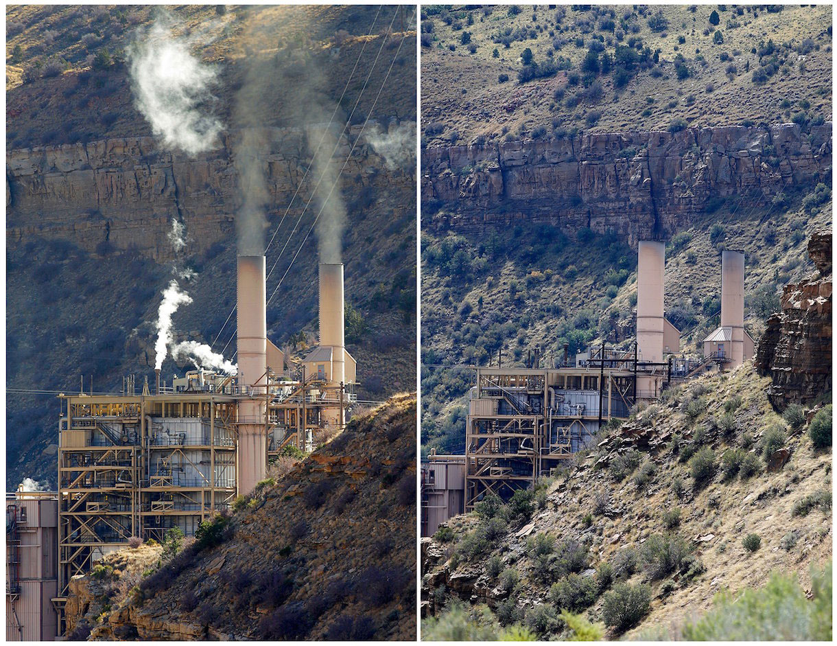 Một nh&agrave; m&aacute;y điện chạy bằng than ở bang Utah trước v&agrave; sau khi đ&oacute;ng cửa v&agrave;o đầu năm 2015  Ảnh: REUTERS