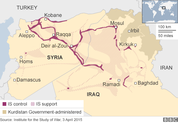 Ramadi nằm rất gần Baghdad. Nguồn: BBC