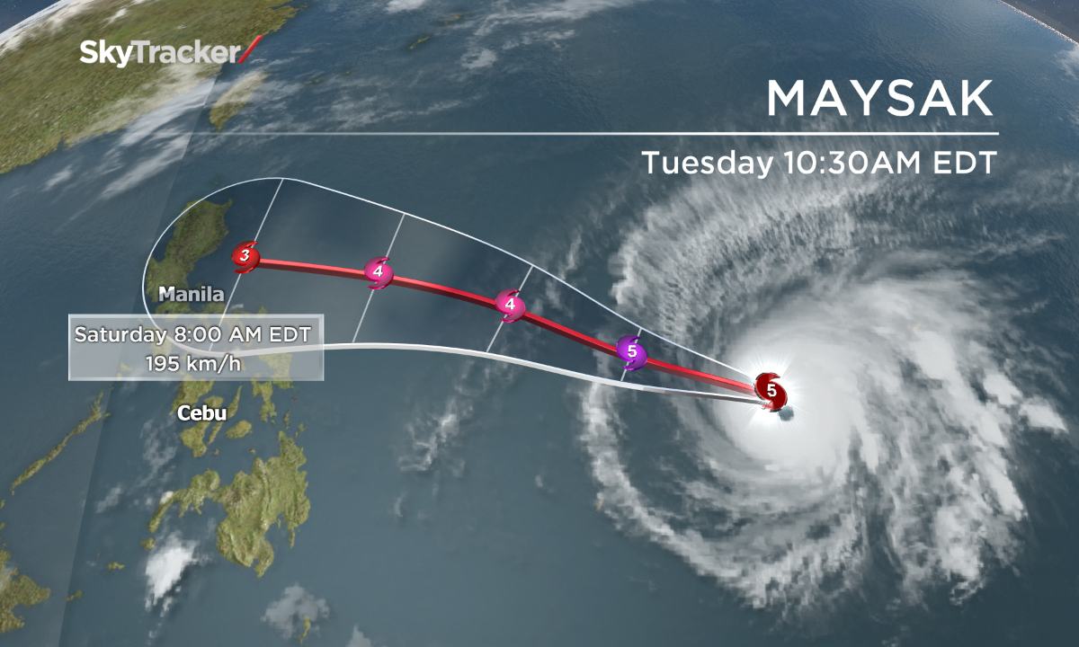 Maysak dư kiến đổ bộ Philippines ng&agrave;y 4-4 tời v&agrave; suy yếu. Ảnh: Global News
