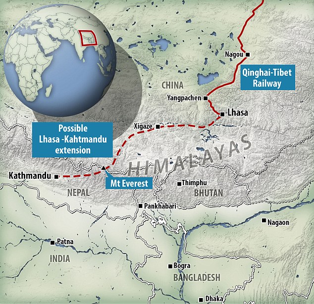 Sơ đồ tuyến đường sắt chạy ngầm dưới ch&acirc;n n&uacute;i Everest nối liền Trung Quốc v&agrave; Nepal. Ảnh: Daily Mail