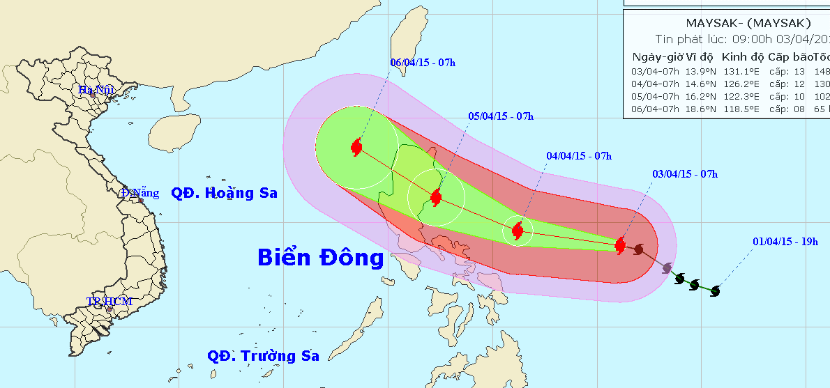 Vị tr&iacute; v&agrave; dự b&aacute;o hướng đi của b&atilde;o Maysak. Nguồn: Trung t&acirc;m dự b&aacute;o KTTV Trung ương.
