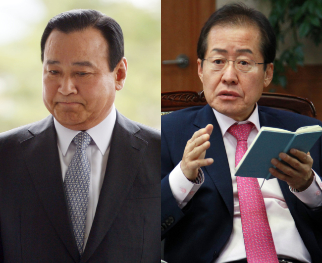 Cựu Thủ tướng H&agrave;n Quốc Lee Wan-koo (tr&aacute;i) v&agrave; tỉnh trưởng tỉnh Nam Gyeongsang Hong Joon-pyo (phải). Ảnh: Yonhap
