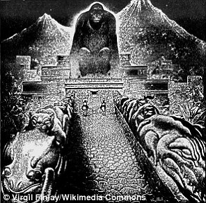 H&igrave;nh vẽ đền Vua Khỉ ở Bạch Th&agrave;nh. Tranh: Virgil Finlay