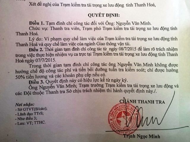 Quyết định đ&igrave;nh chỉ c&ocirc;ng t&aacute;c đối với &ocirc;ng Nguyễn Văn Minh