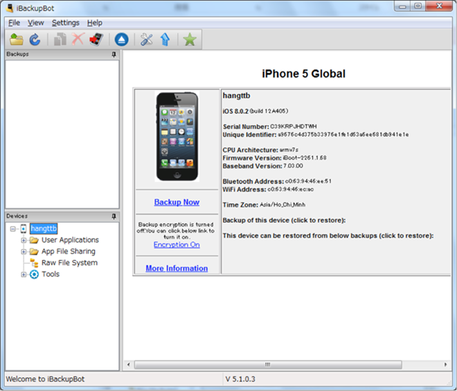 Th&ocirc;ng tin iPhone tr&ecirc;n giao diện iBackupBot