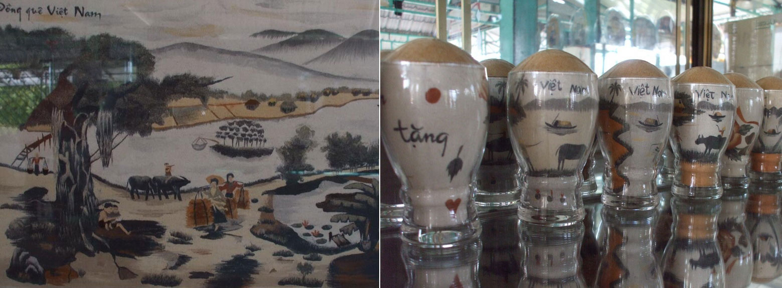 Những bức tranh cát sống động do học viên khuyết tật sáng tác Ảnh: LÊ TRƯỜNG