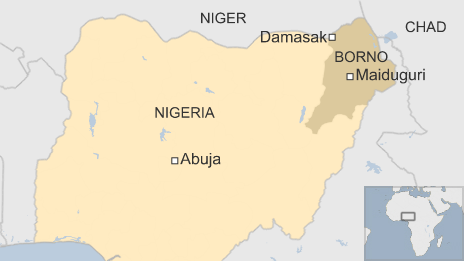Thị trấn Damasak tr&ecirc;n bản đồ nằm tr&ecirc;n bi&ecirc;n giới Nigeria v&agrave; Niger, nơi ph&aacute;t hiện hơn 70 thi thể bị Boko Haram cắt cổ. Ảnh: BBC