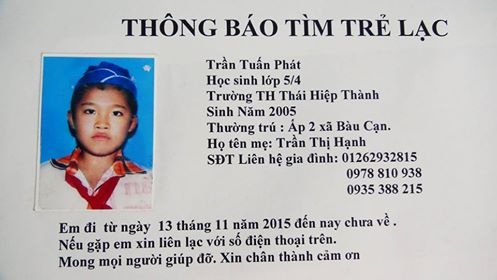 Một học sinh lớp 5 mất tích hơn 10 ngày