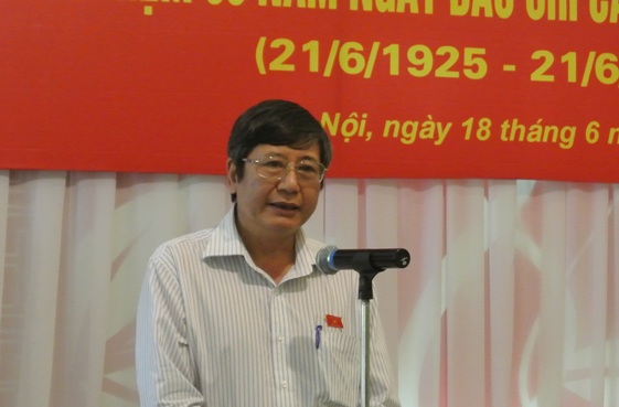 Ph&oacute; Chủ tịch Thường trực Tổng LĐLĐ Trần Thanh Hải ph&aacute;t biểu tại lễ gặp mặt s&aacute;ng 18-6