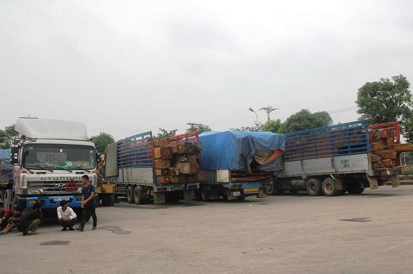 Một đo&agrave;n xe tải chở gỗ từ L&agrave;o về Việt Nam bị lực lượng TTGT Nghệ An bắt giữ.