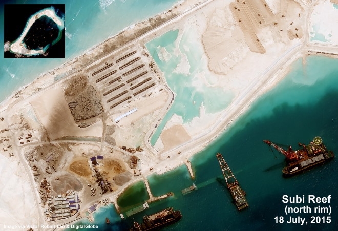 Việc nạo v&eacute;t, bơm h&uacute;t c&aacute;t cho đ&aacute; Subi cơ bản đ&atilde; xong. Ảnh: Digital Globe