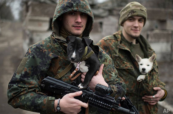 C&aacute;c binh sĩ thuộc qu&acirc;n đội Ukraine một tay cầm s&uacute;ng, một tay ủ ấm những ch&uacute; ch&oacute; .H&igrave;nh ảnh ấm &aacute;p hiếm hoi trong cuộc chiến được chụp ở Mariupol h&ocirc;m 28-1. Ảnh: AP