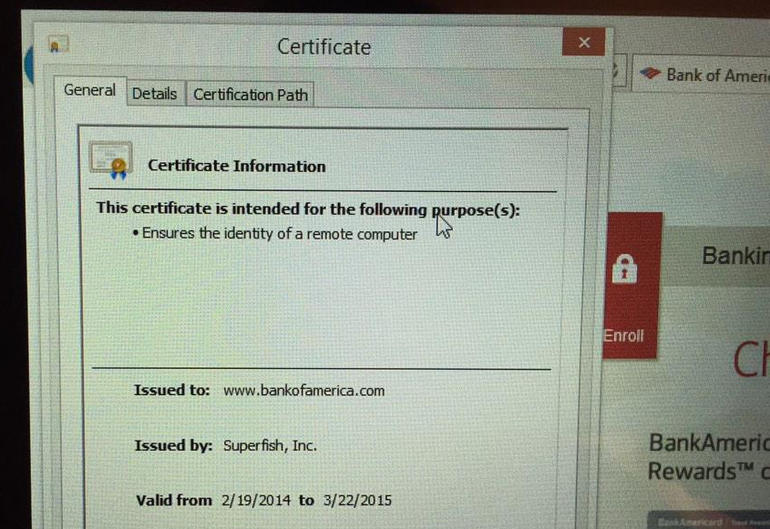 Một chứng nhận bảo mật của Bank of America do Superfish "tự ký". Ảnh: Zdnet