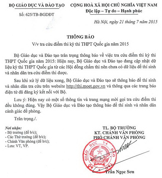 Th&ocirc;ng b&aacute;o của Bộ GD-ĐT