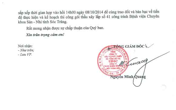 Công văn giải trình của ông Quang về tiến độ thi công ì ạch và lùm xùm nợ nần