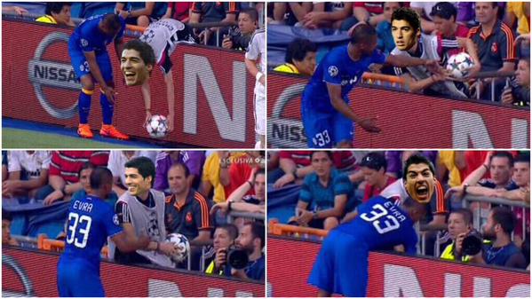 Ảnh chế: Evra đang gi&agrave;nh b&oacute;ng với kẻ thủ Suarez. Cả hai sẽ đối đầu trong trận chung kết v&agrave;o ng&agrave;y 7-6 tới