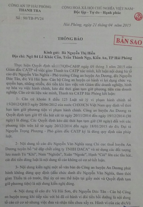 Văn bản Thanh tra C&ocirc;ng an TP Hải Ph&ograve;ng gửi b&agrave; Nguyễn Thị Hiền