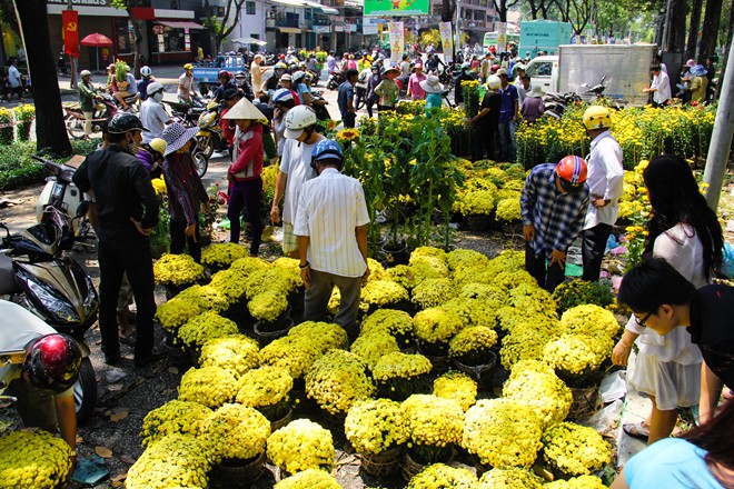 Trong ng&agrave;y 30 Tết ở TP HCM, c&aacute;c loại hoa được b&aacute;n nhiều nhất l&agrave; c&uacute;c v&agrave;ng, vạn thọ, hướng dương. Cả đoạn đường Phạm Ngũ L&atilde;o, cạnh c&ocirc;ng vi&ecirc;n 23/9 tr&agrave;n ngập người mua b&aacute;n s&ocirc;i động v&agrave; nhộn nhịp. Tại một điểm kh&aacute;c cạnh c&ocirc;ng vi&ecirc;n L&ecirc; Văn T&aacute;m cũng c&oacute; h&agrave;ng trăm người chen nhau chọn mua hoa giảm gi&aacute;.