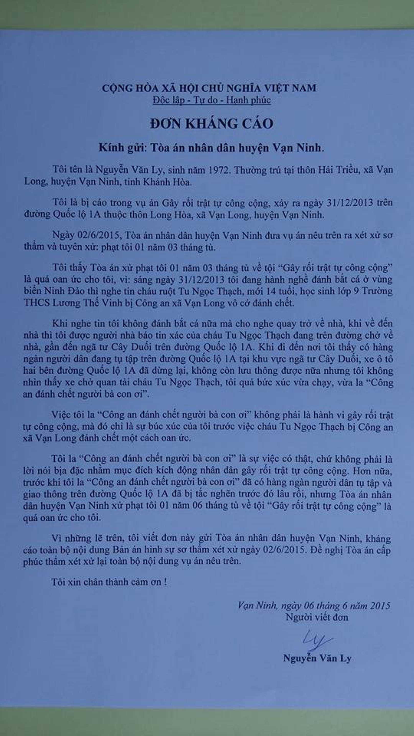 Đơn kh&aacute;ng c&aacute;o của bị c&aacute;o Ly