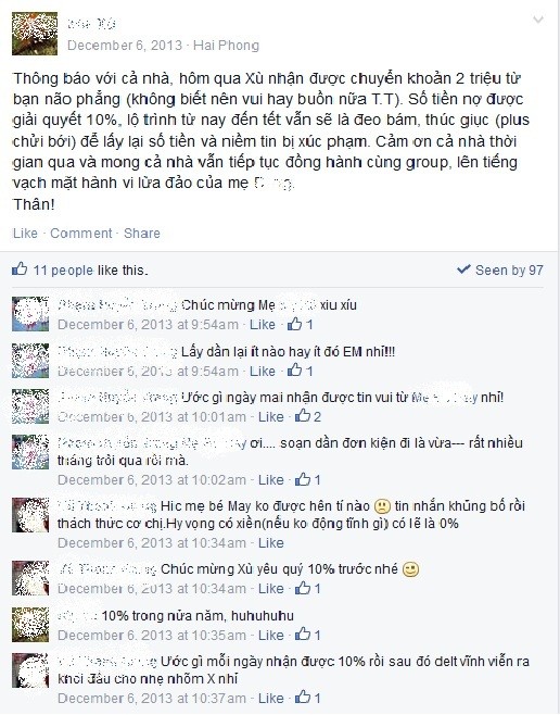 Nhiều nạn nh&acirc;n c&ugrave;ng chung một chủ lừa chia sẻ th&ocirc;ng tin cho nhau.&nbsp;Ảnh chụp lại từ FB.