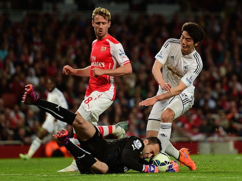 Thủ m&ocirc;n David Ospina vất vả ở trận đấu kh&ocirc;ng c&oacute; một ch&acirc;n s&uacute;t Swansea