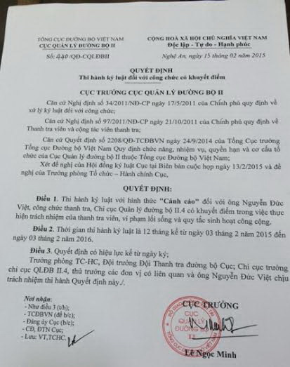 Quyết định kỷ luật “cảnh cáo” của Cục Quản lý đường bộ II