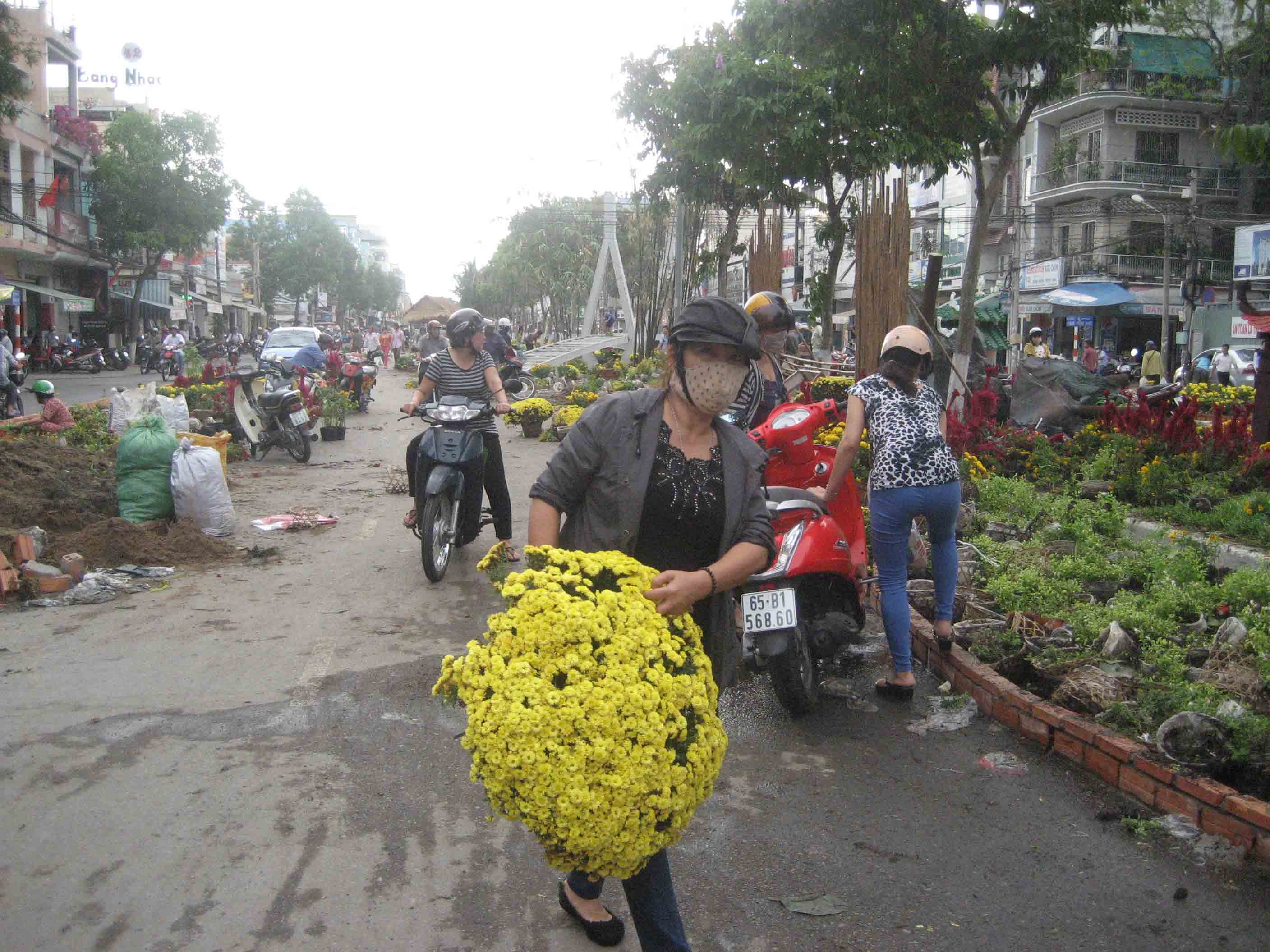 Khệ nệ với chậu hoa c&uacute;c m&acirc;m x&ocirc;i