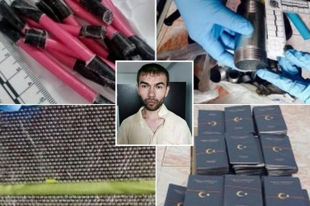 Nghi phạm đã bị bắt và các vật liệu chế tạo bom thu giữ. Ảnh: Bangkok Post