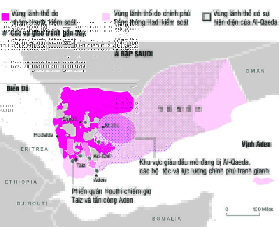Yemen đang bị chia cắt bởi nhiều lực lượngNguồn: BLOOMBERG