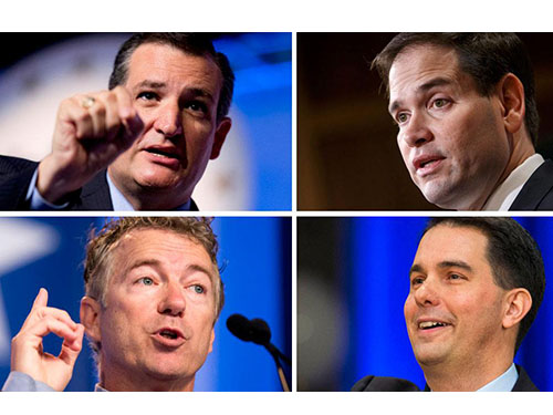 Từ tr&aacute;i qua, theo chiều kim đồng hồ: C&aacute;c ứng cử vi&ecirc;n của Đảng Cộng h&ograve;a Ted Cruz, Marco Rubio, Scott Walker v&agrave; Rand Paul Ảnh: AP