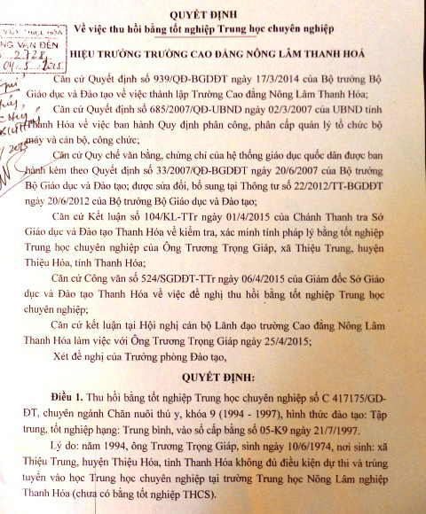 Quyết định thu hồi bằng trung cấp th&uacute; y của &ocirc;ng Trương Trọng Gi&aacute;p