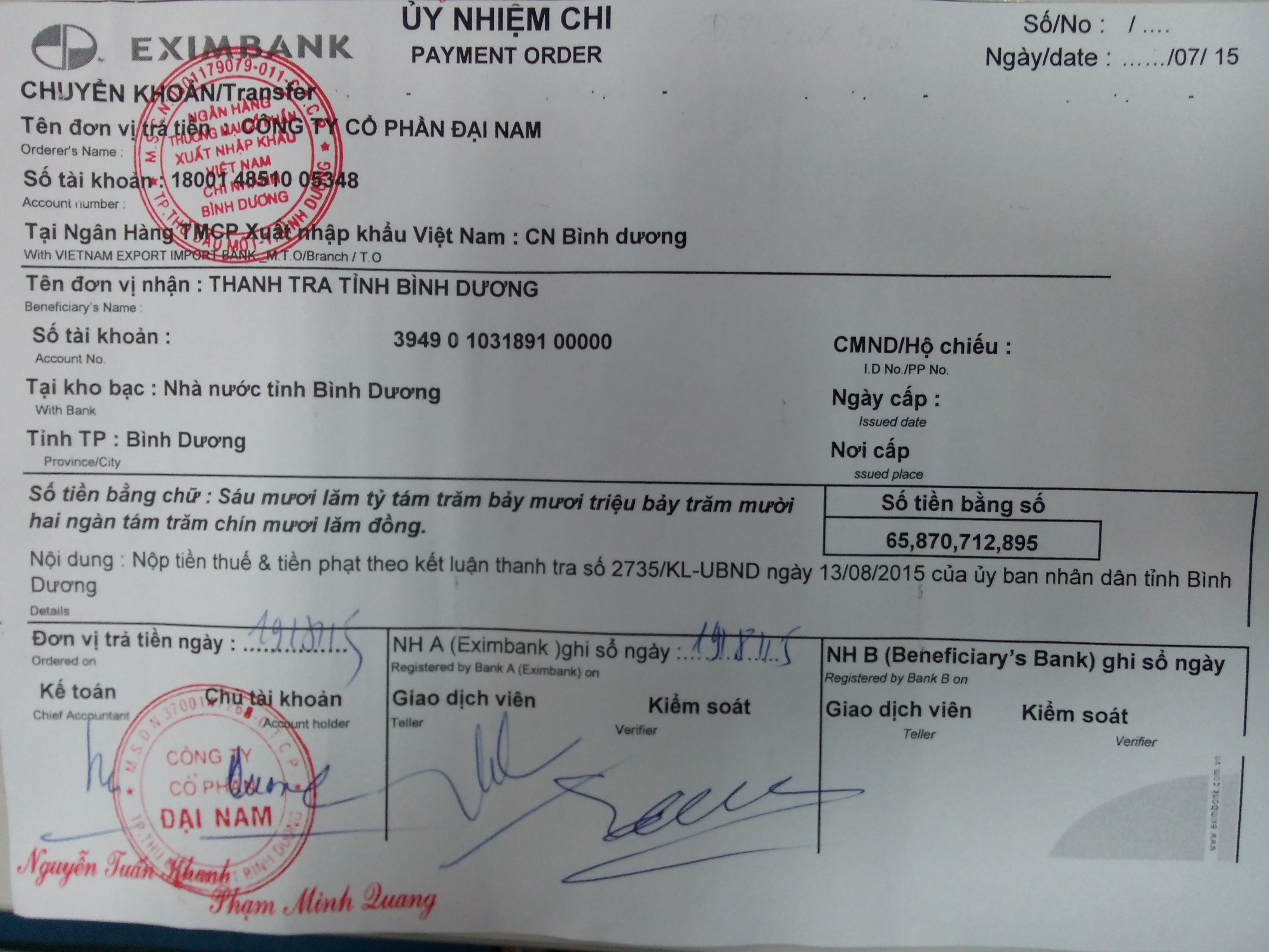 Đại Nam ủy nhiệm cho Eximbank gửi hơn 65,8 tỉ đồng vào kho bạc