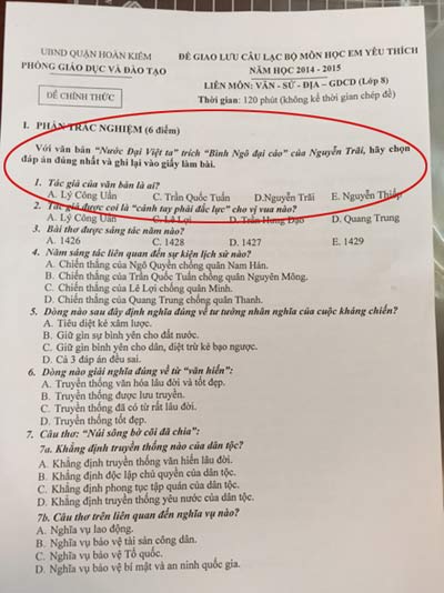 Đề thi "sơ suất" ghi sẵn đáp án cho câu hỏi
