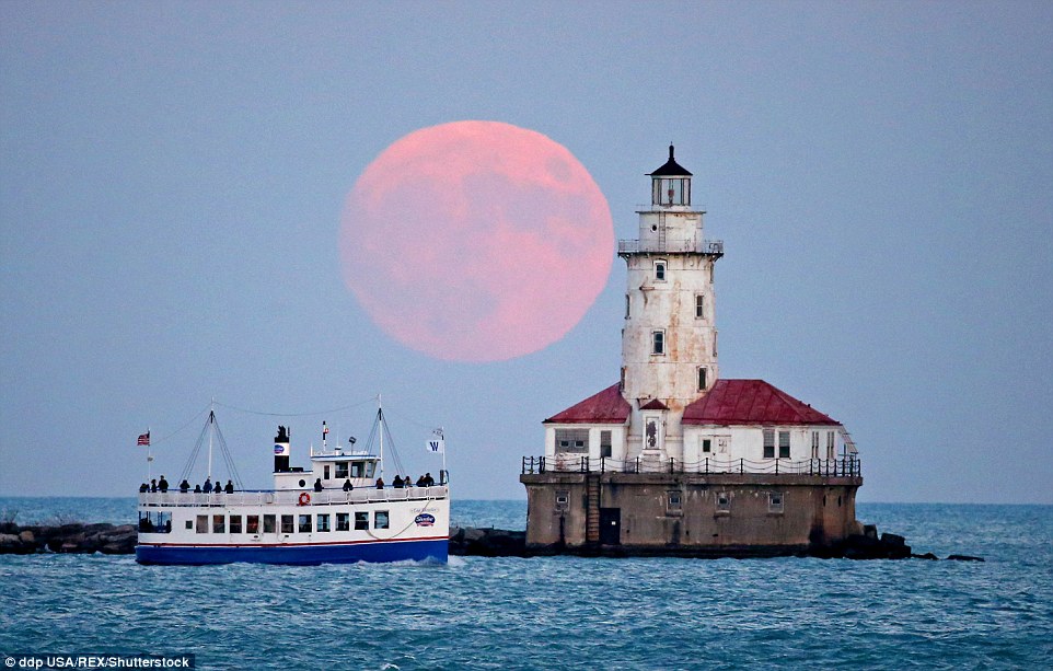 Siêu trăng xuất hiện phía trên ngọn hải đăng Chicago Harbor Lighthouse. Ảnh: REX