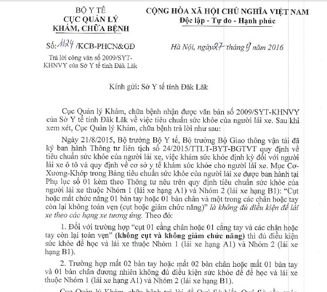 Văn bản của Cục Quản l&yacute; kh&aacute;m chữa bệnh khẳng định cụt một ch&acirc;n vẫn được l&aacute;i xe hạng A1 v&agrave; B1